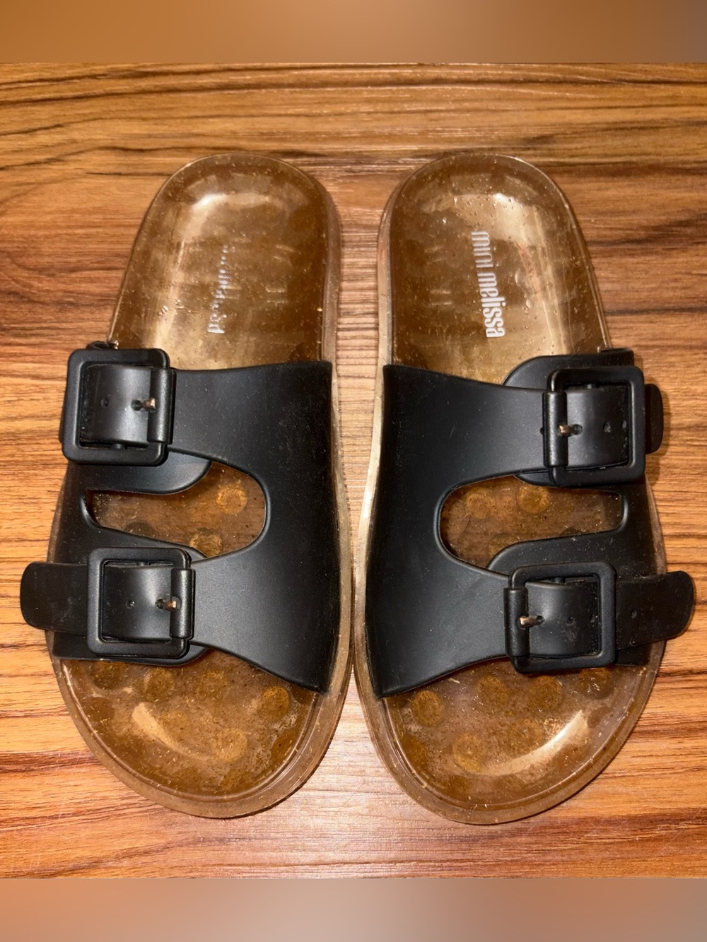 Mini Melissa Girls Black Two Buckle Jelly Slides with Brown-Tinted Footbed 13